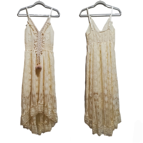 Beautiful Lace High Low Boho Summer Dress Size M Cream - Picture 2 of 11